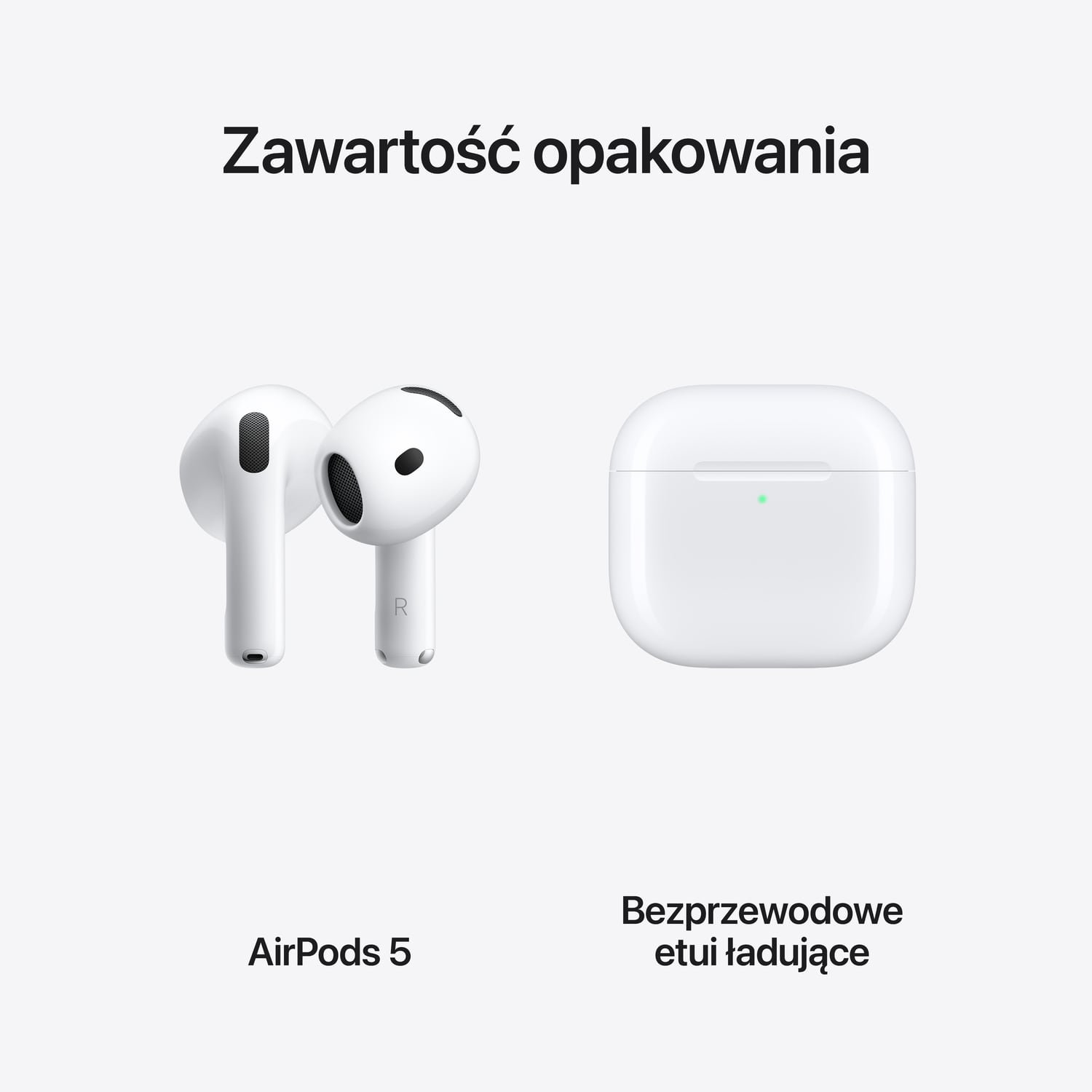 Apple AirPods 5 z bezprzewodowym etui ładującym - Białe - zawartość opakowania Apple AirPods 5 z bezprzewodowym etui ładującym - Białe - zawartość opakowania