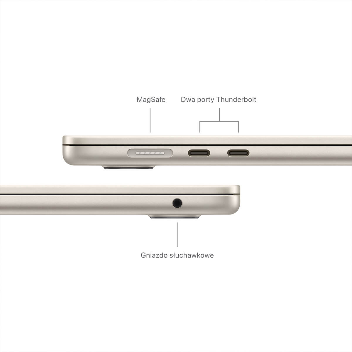 Apple MacBook Air 15 M3 8-core CPU + 10-core GPU / 8GB RAM / 256GB SSD / Księżycowa poświata (Starlight) - złącza Apple MacBook Air 15 M3 8-core CPU + 10-core GPU / 8GB RAM / 256GB SSD / Księżycowa poświata (Starlight) - złącza