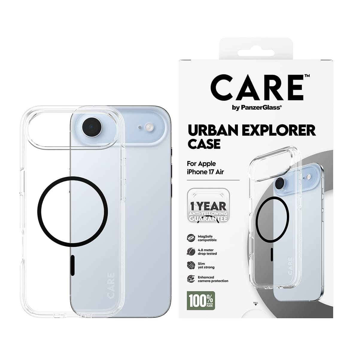 CARE by PanzerGlass Flagship Urban Explorer Etui do iPhone 17 Air z czarnym MagSafe - Przezroczyste - Zawartość opakowania CARE by PanzerGlass Flagship Urban Explorer Etui do iPhone 17 Air z czarnym MagSafe - Przezroczyste - Zawartość opakowania