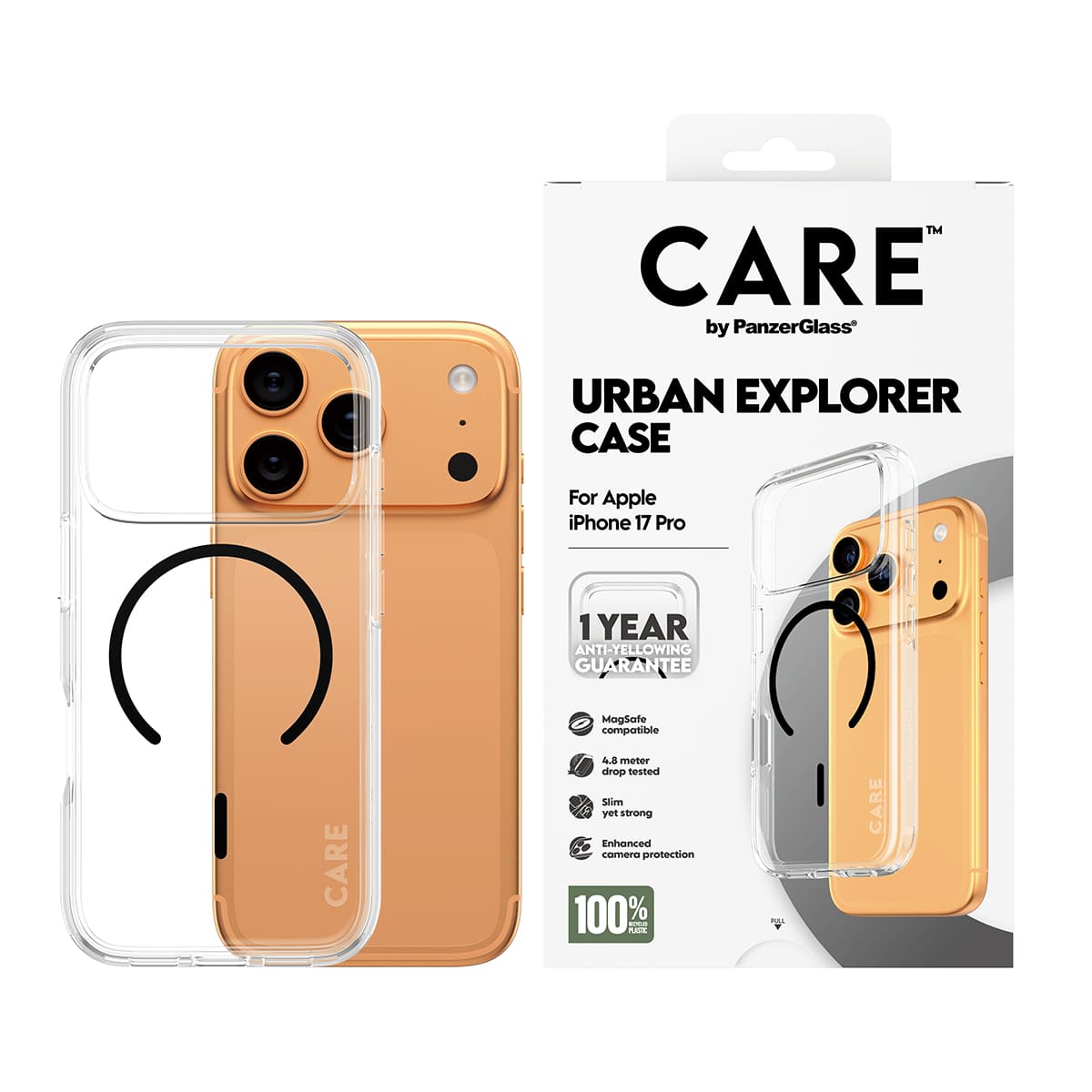 CARE by PanzerGlass Flagship Urban Explorer Etui do iPhone 17 Pro z czarnym MagSafe - Przezroczyste - Zawartość opakowania CARE by PanzerGlass Flagship Urban Explorer Etui do iPhone 17 Pro z czarnym MagSafe - Przezroczyste - Zawartość opakowania