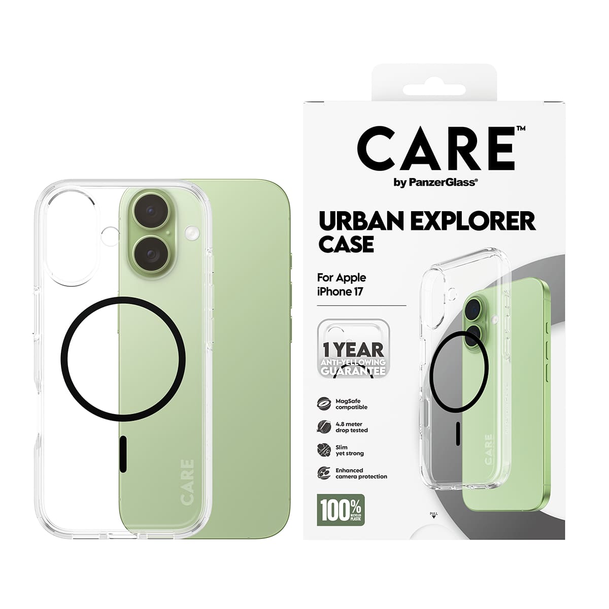 CARE by PanzerGlass Flagship Urban Explorer Etui do iPhone 17 z czarnym MagSafe - Przezroczyste - Zawartość opakowania CARE by PanzerGlass Flagship Urban Explorer Etui do iPhone 17 z czarnym MagSafe - Przezroczyste - Zawartość opakowania