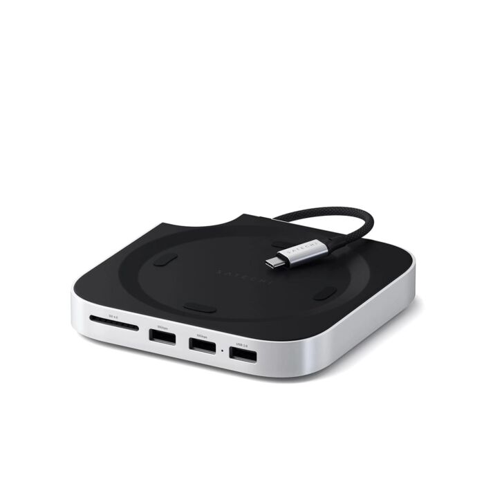 Satechi Mac Mini M4 Stand & Hub SSD Aluminiowa podstawka do Mac Mini z Hub USB-C host USB-C 3.2 gen. 2 / 2x USB-A 3.2 10Gpbs / USB-A 2.0 480Mbps / czytnik kart SD 4.0 UHS-II do 312 MB/s / kieszeń na dysk SSD NVMe) - Srebrna - ST-GNMMES - zdjęcie 1 z 4