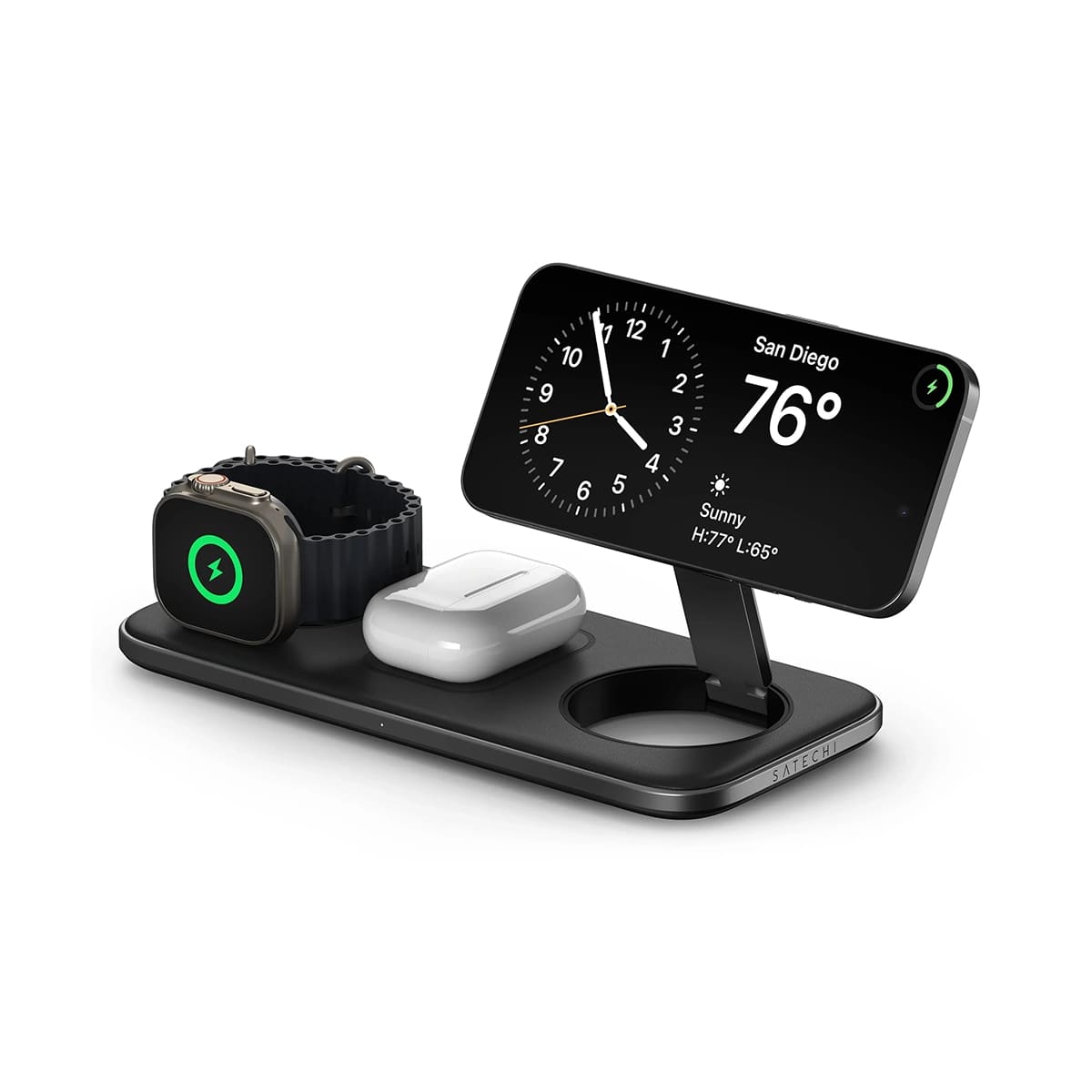 Satechi Qi2 Trio Wireless Charging Pad Magnetyczna ładowarka bezprzewodowa do trzech urządzeń AppleWatch 5W / AirPods 5W / Qi2 15W / w zestawie kabel 1m / ładowarka sieciowa 45W / wymienne wtyczki UK i EU - Gwiezdna szarość