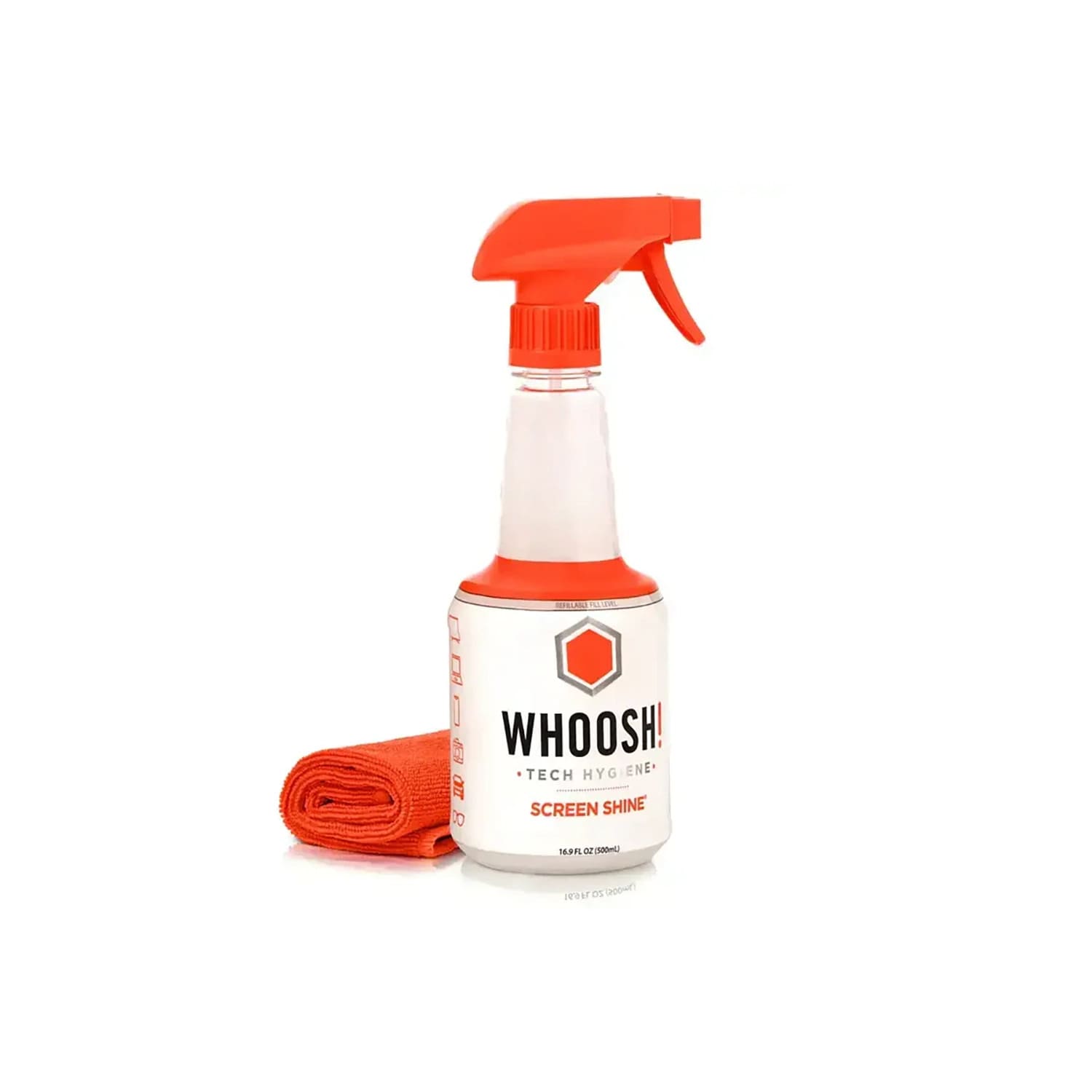Whoosh Screen Shine Pro Box Spray do czyszczenia ekranów 500ml do wielokrotnego uzupełniania oraz antybakteryjna ściereczka z mikrofibry 35x35 cm