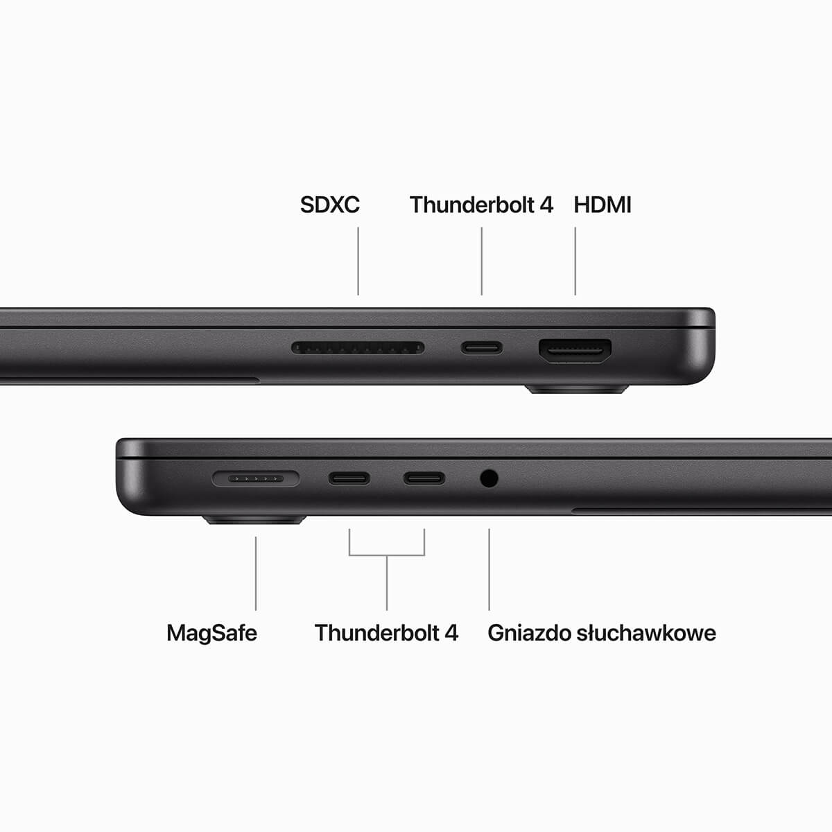 Apple MacBook Pro 14 M3 Pro 12-core CPU + 18-core GPU / 36GB RAM / 2TB SSD / Klawiatura US / Gwiezdna czerń (Space Black) - złącza Apple MacBook Pro 14 M3 Pro 12-core CPU + 18-core GPU / 36GB RAM / 2TB SSD / Klawiatura US / Gwiezdna czerń (Space Black) - złącza