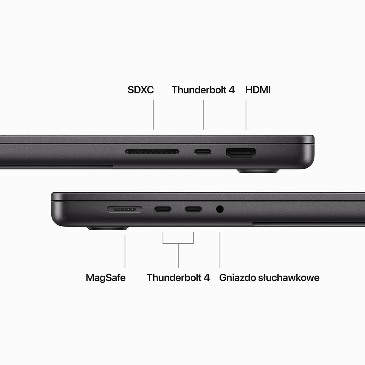 Apple MacBook Pro 16 M3 Max 16-core CPU + 40-core GPU / 48GB RAM / 1TB SSD / Klawiatura US / Gwiezdna czerń (Space Black) - złącza Apple MacBook Pro 16 M3 Max 16-core CPU + 40-core GPU / 48GB RAM / 1TB SSD / Klawiatura US / Gwiezdna czerń (Space Black) - złącza