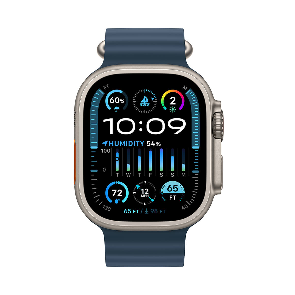 Apple Watch Ultra 2 GPS + Cellular Koperta 49mm z tytanu z Paskiem Ocean w kolorze niebieskim - ekran Apple Watch Ultra 2 GPS + Cellular Koperta 49mm z tytanu z Paskiem Ocean w kolorze niebieskim - ekran